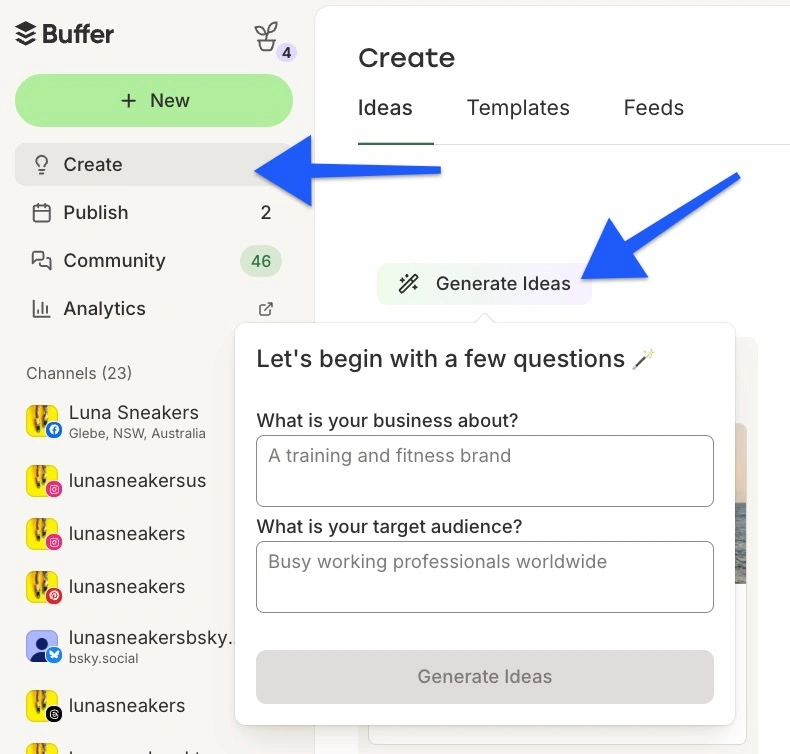 Раздел Create в Buffer с кнопкой Generate Ideas и полями о бизнесе и аудитории.