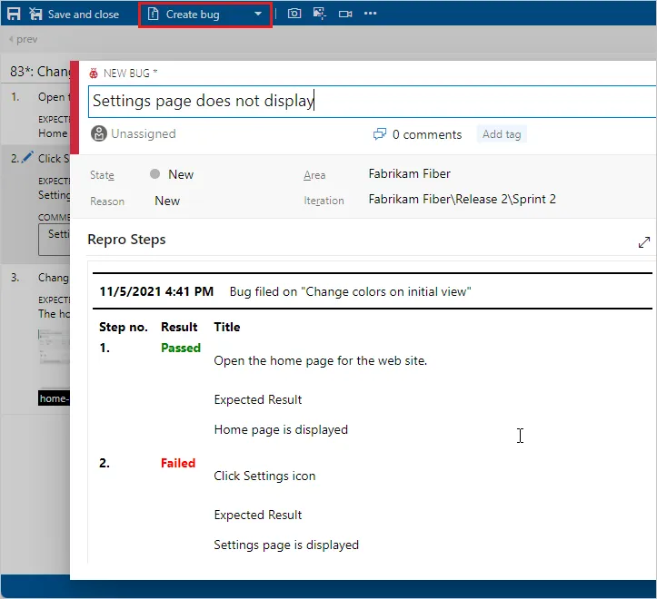 Создание баг-репорта в Azure Test Plans после неуспешного теста с шагами проверки и ожидаемыми результатами