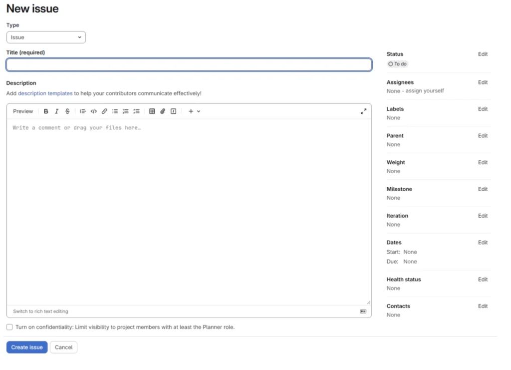 Форма создания задачи в GitLab Issues с полями для заголовка, описания ошибки и назначения исполнителя