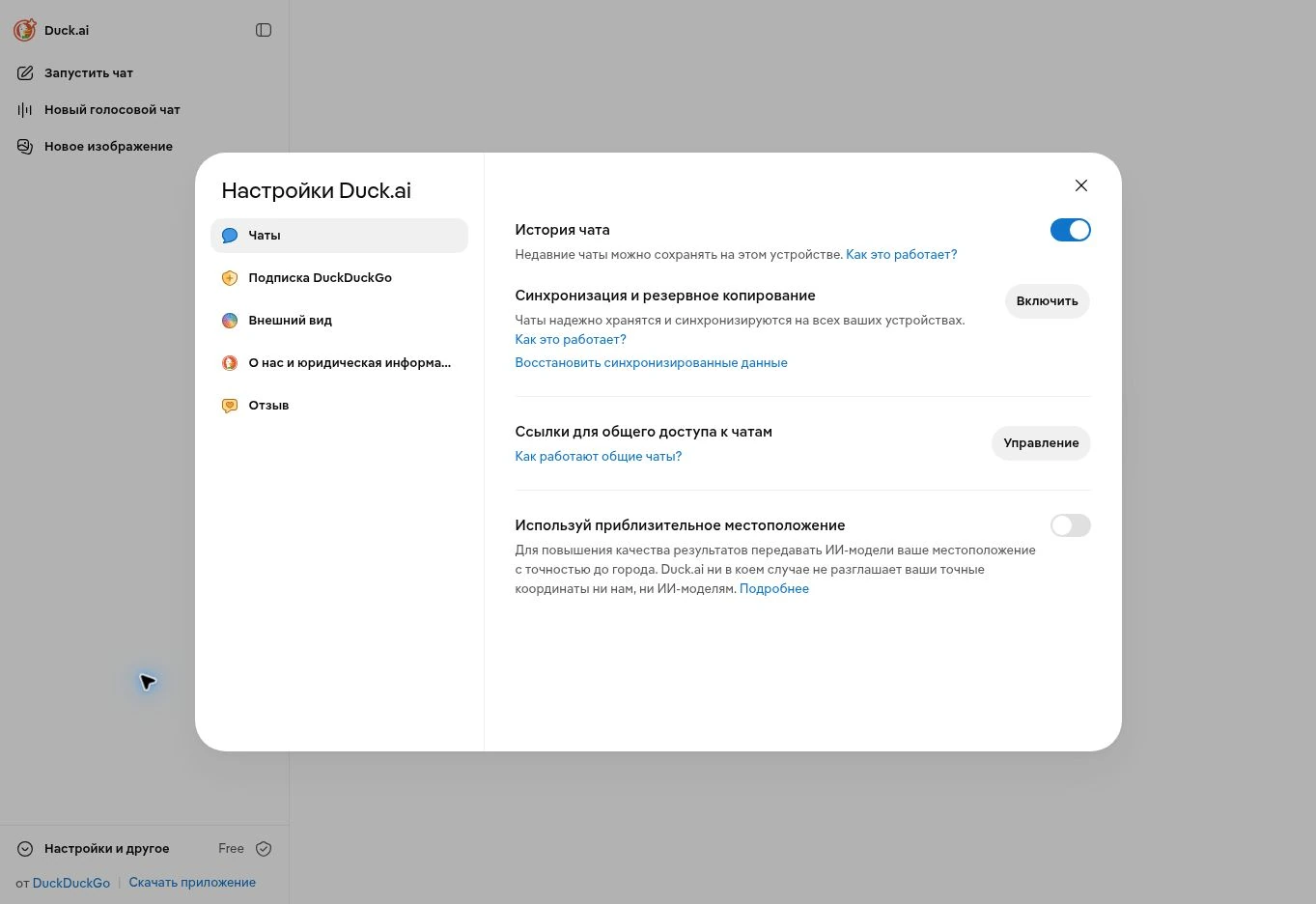 Настройки истории и синхронизации DuckAI