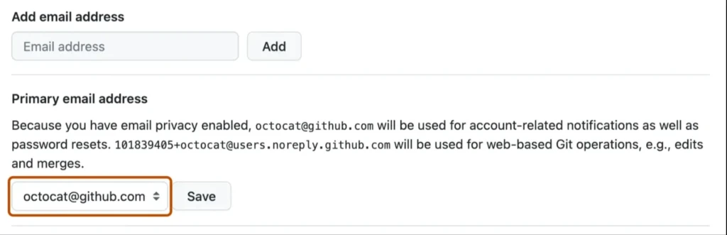 Настройки GitHub для добавления нового email и выбора основного адреса аккаунта