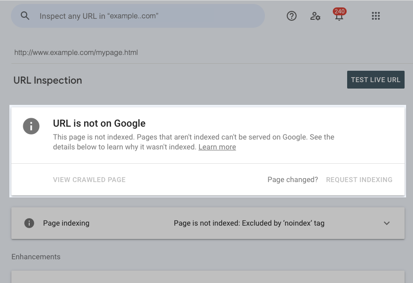 URL Inspection с причиной исключения страницы по noindex