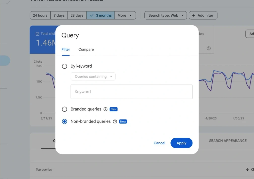 Фильтр запросов в Google Search Console с выбранными небрендовыми запросами