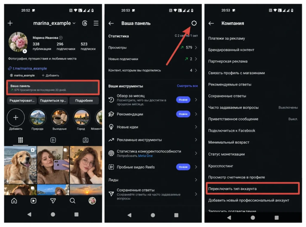 Смена типа бизнес-аккаунта Instagram через профессиональную панель