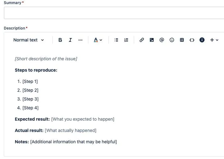 Пример шаблона баг-репорта в Jira с полями Summary, Description, Steps to reproduce, Expected result и Actual result