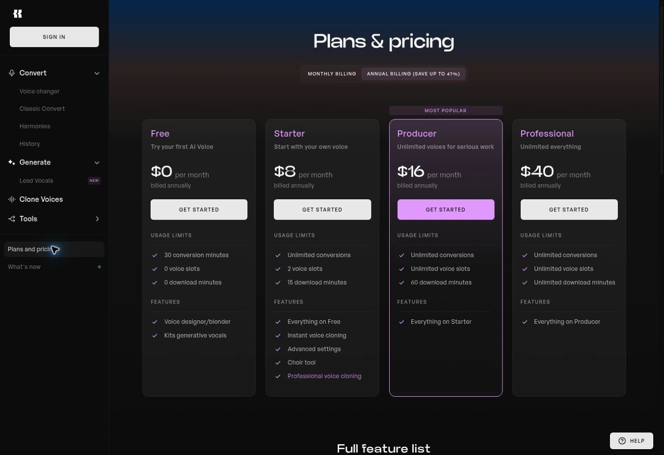 Тарифы Kits AI при годовой оплате с ценами в пересчёте на месяц