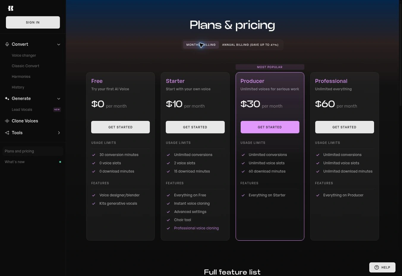 Тарифы Kits AI при помесячной оплате: Free, Starter, Producer и Professional