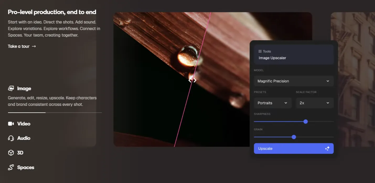 Настройки апскейла Magnific Precision: увеличение вдвое, резкость и зернистость