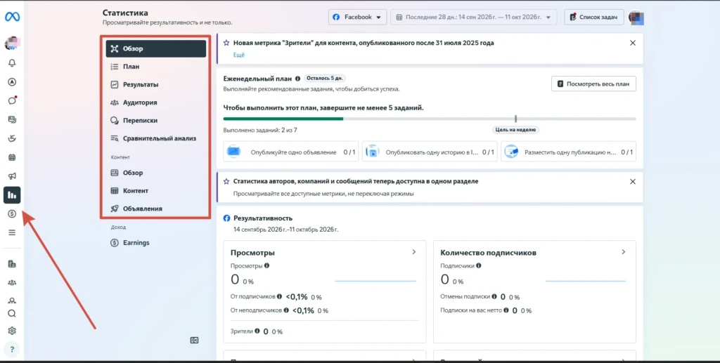 Раздел «Статистика» в Meta Business Suite с просмотрами и количеством подписчиков