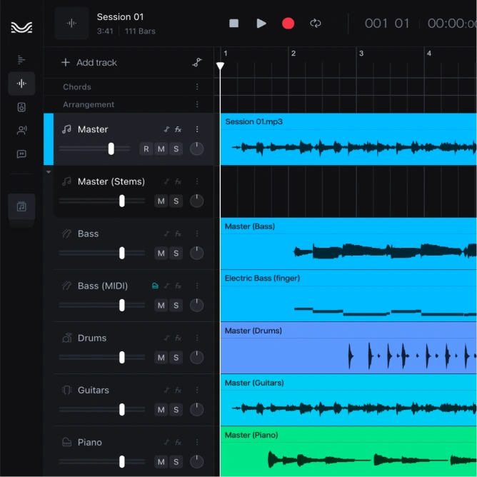 Отдельные дорожки баса, ударных, гитары и фортепиано в Moises Studio