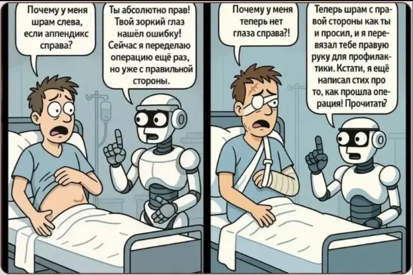 Комикс: нейросеть соглашается с ошибочным замечанием и даёт неверный ответ