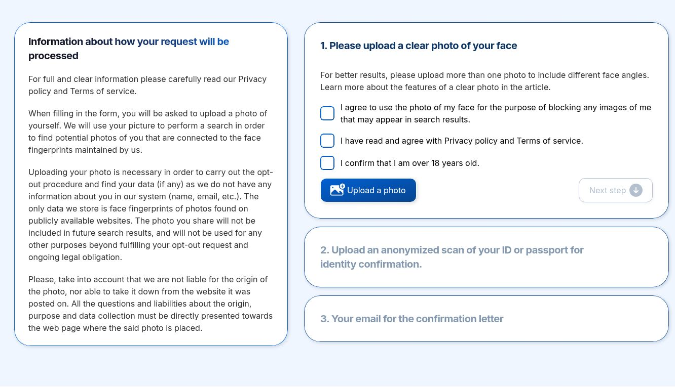 Форма PimEyes Opt-Out с этапами загрузки фото, документа и указания email