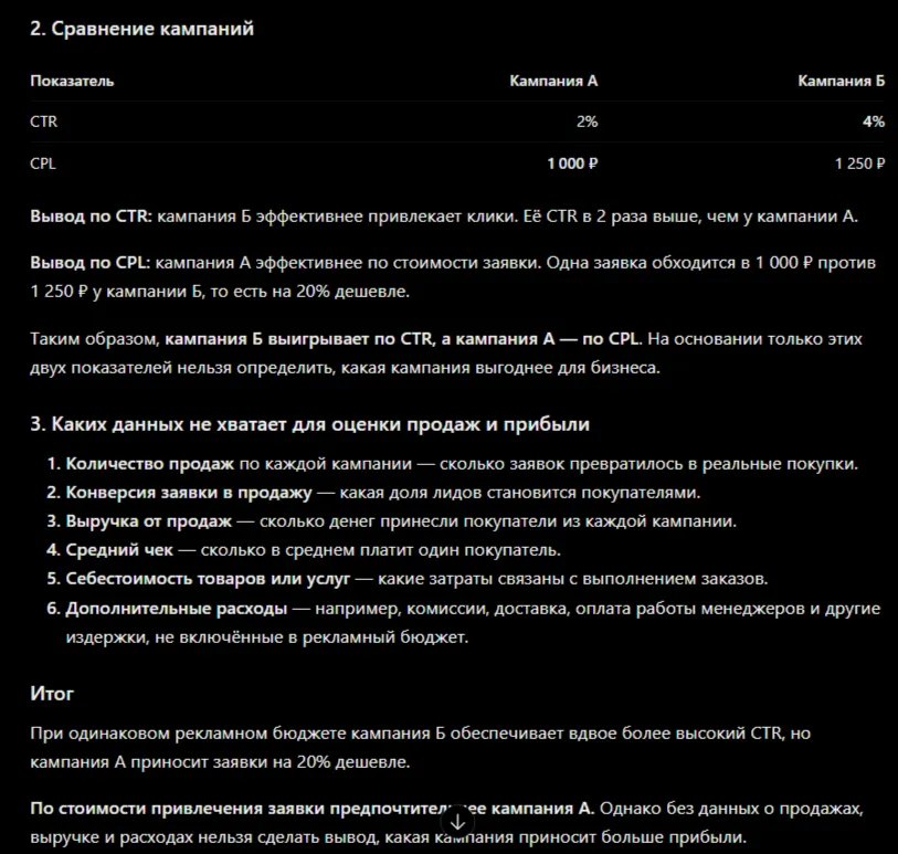 Ответ нейросети: CTR кампаний А и Б составляет 2% и 4%, CPL — 1000 и 1250 рублей