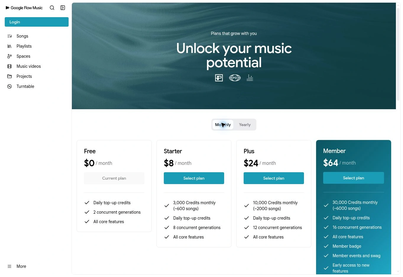 Тарифы Google Flow Music с выбранной месячной оплатой: Free, Starter за 8 долларов, Plus за 24 и Member за 64