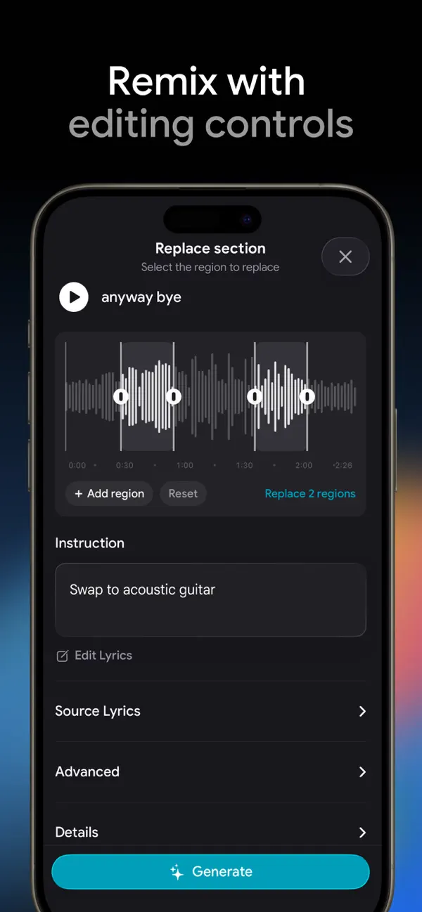 Замена выделенных участков аудио в Google Flow Music для iPhone с полем Instruction и кнопкой Generate