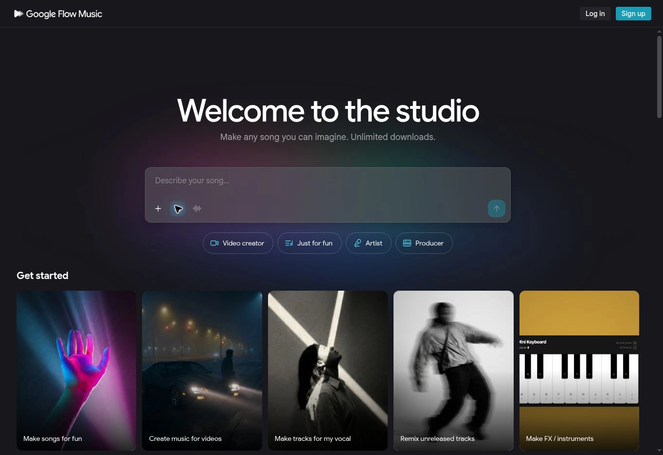 Стартовый экран Google Flow Music с полем описания песни и примерами задач