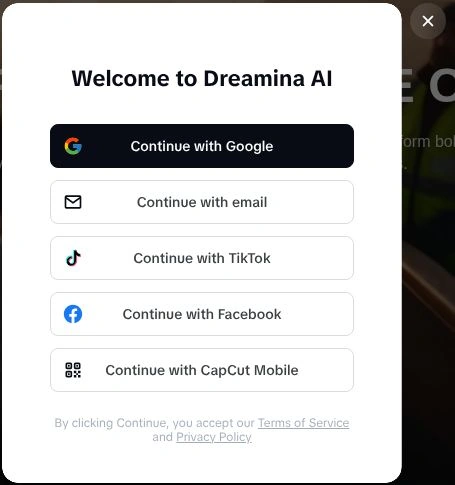 Вход в Dreamina через Google, email, TikTok, Facebook и CapCut Mobile