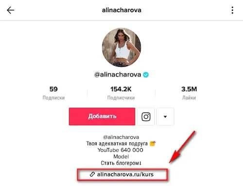 Кликабельная ссылка на сайт под описанием профиля TikTok