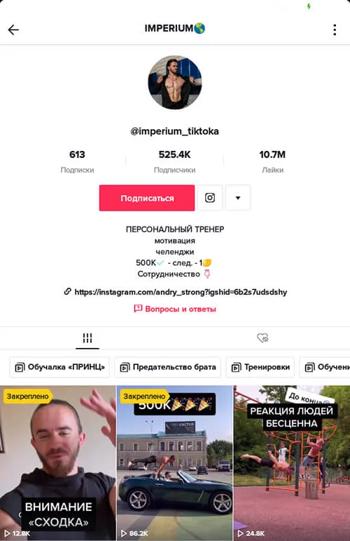 Пример TikTok-профиля с активной ссылкой под описанием аккаунта