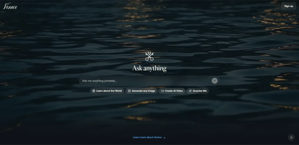 Главная страница Venice AI с полем запроса и кнопками создания изображений и видео