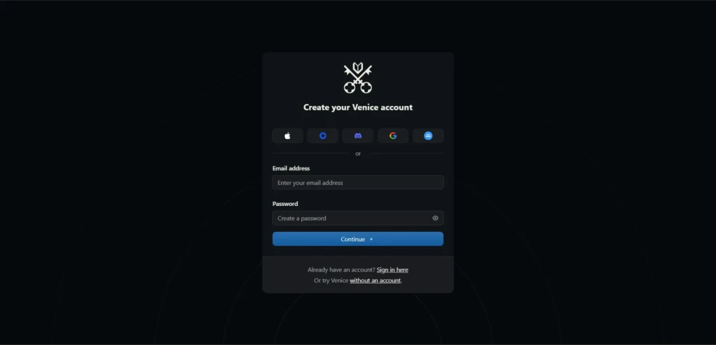 Форма регистрации в Venice AI с полями электронной почты и пароля и кнопками сторонних сервисов